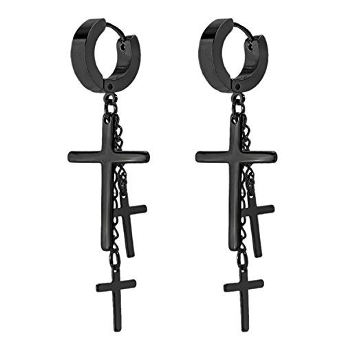 Charisma 80s Gothic Earring Cross Earrings for Men Dangle Hinged Hoop Huggie Earrings Stainless Steel 1 Pair, Black IP Plated Color - Image 2