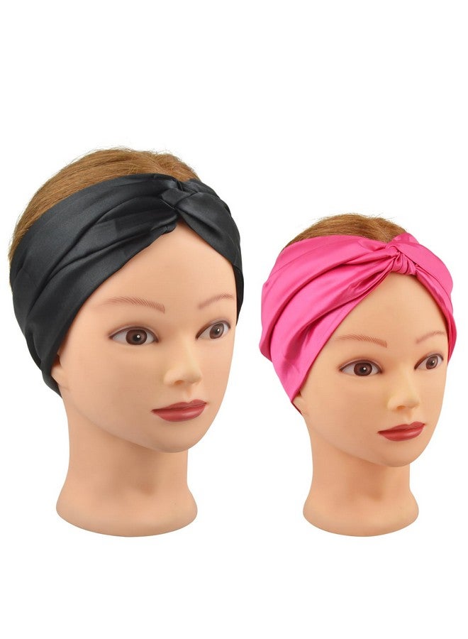 يتبيت شريط قبضة الشعر المستعار وشاح من الساتان الناعم عصابات رأس عصرية لباروكات الدانتيل الأمامية لتثبيت المكياج الرياضي واليوغا والوجه (قطعتان، أسود + وردي) - Image 1