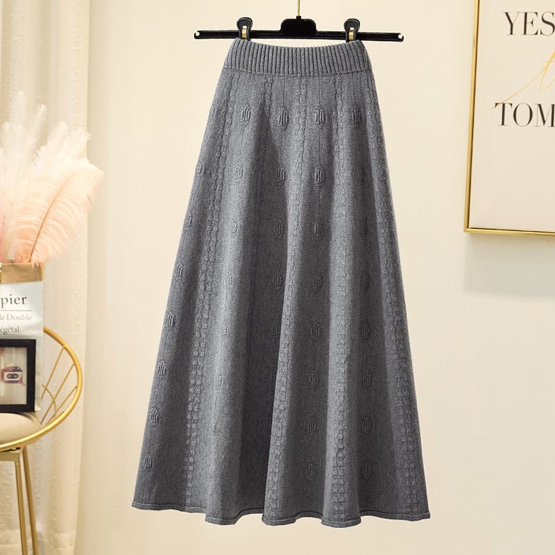 Mid-length Knitted Skirt Womens Spring and Autumn Matching Sweater High Waist A- shaped Umbrella Skirt Winter Skirt Wool Large Swing Long Skirt 1 Gray [counter quality]