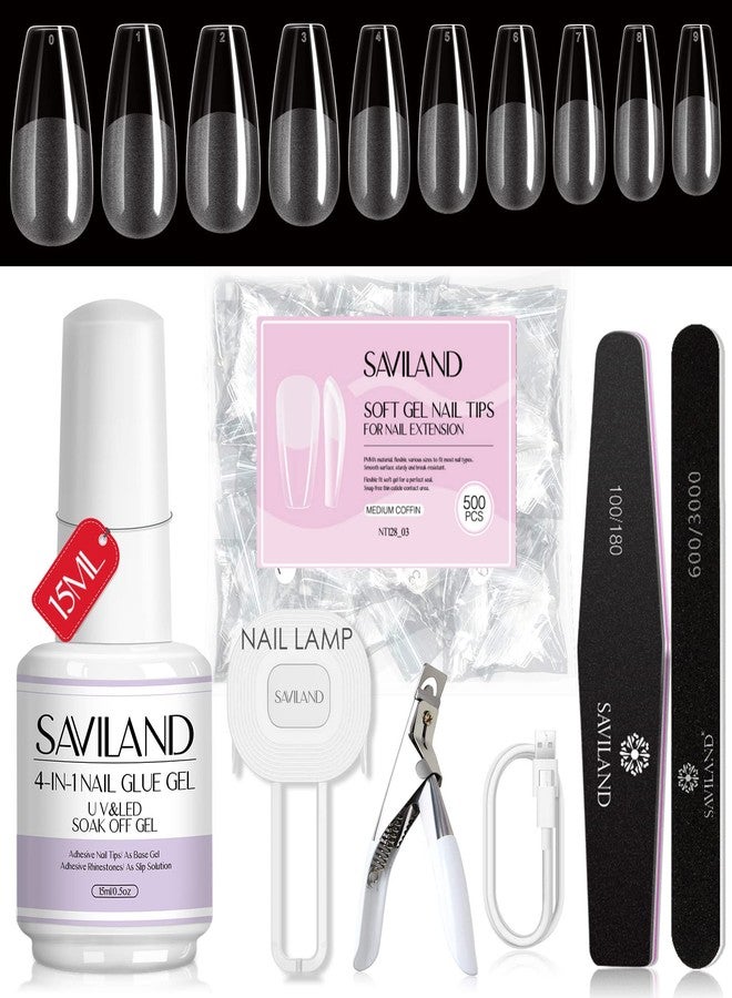 SAVILAND Gel Nail Kit - Nail Glue Gels With 36W Curing Lamp, 4-in-1 Glue Gel 15ml, 500PCS Soft Full Cover Medium Coffin Tips, LED Light Design Kit for Extension - Image 1