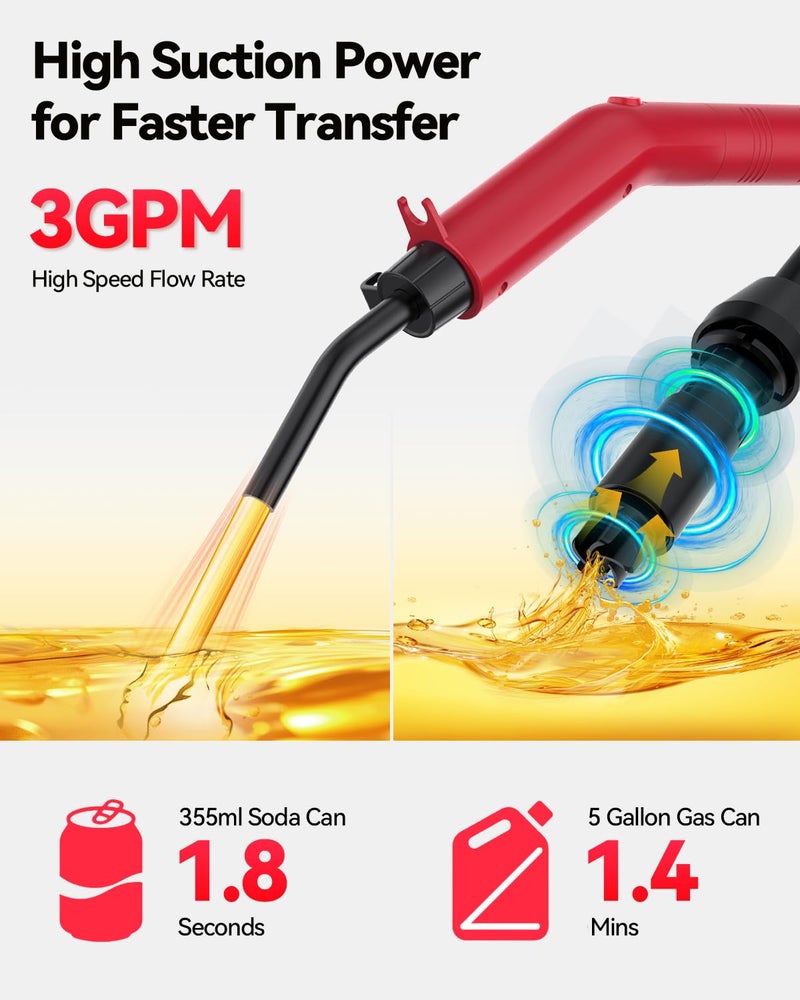 Leshein Fuel Transfer Pump 3GPM, USB Rechargeable Electric Siphon Pump for Gasoline Diesel Water, Portable Leakproof Gas Can Pump with Upgraded Hose Material & Build, Ultra-Fast Oil Transfer Pump - Image 3