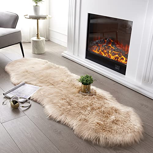 SERISSA Ultra Soft Fluffy Rug Beige Faux Sheepskin Fur Area Rug Shaggy Couch Cover Seat Cushion Furry Carpet Beside Rugs for Bedroom Floor Sofa Living Room Runner 2x6 Feet Beige - Image 1