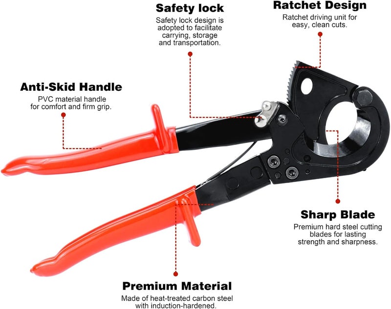 Sanuke Ratchet Cable Wire Cutter, Heavy Duty Ratcheting Cable Cutters for Electricians - Cutting Aluminum Copper Soft Wire up to 240mm²/600MCM - Image 2