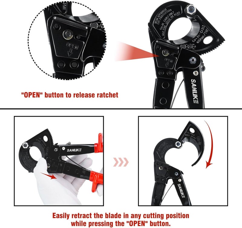 Sanuke Ratchet Cable Wire Cutter, Heavy Duty Ratcheting Cable Cutters for Electricians - Cutting Aluminum Copper Soft Wire up to 240mm²/600MCM - Image 5