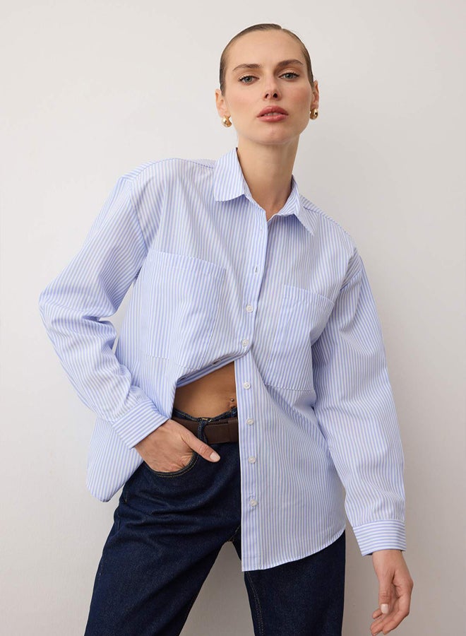 trendyol Blue Striped Pocket Detailed Oversize/Wide Fit Woven Shirt - Image 2