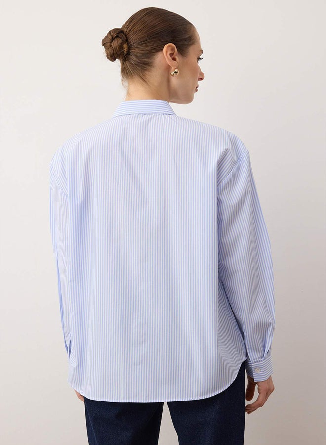 trendyol Blue Striped Pocket Detailed Oversize/Wide Fit Woven Shirt - Image 4