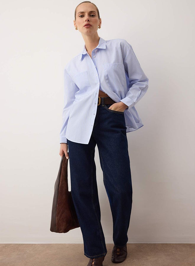 trendyol Blue Striped Pocket Detailed Oversize/Wide Fit Woven Shirt - Image 1