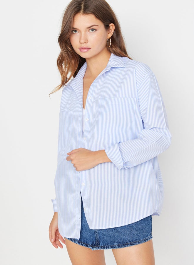 trendyol Blue Striped Pocket Detailed Oversize/Wide Fit Woven Shirt - Image 5
