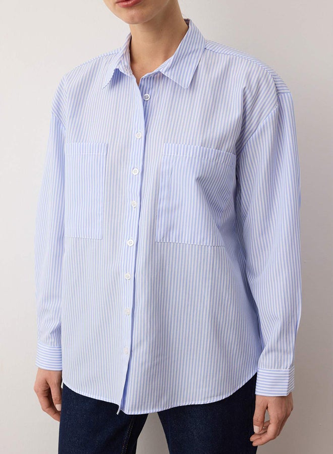 trendyol Blue Striped Pocket Detailed Oversize/Wide Fit Woven Shirt - Image 3
