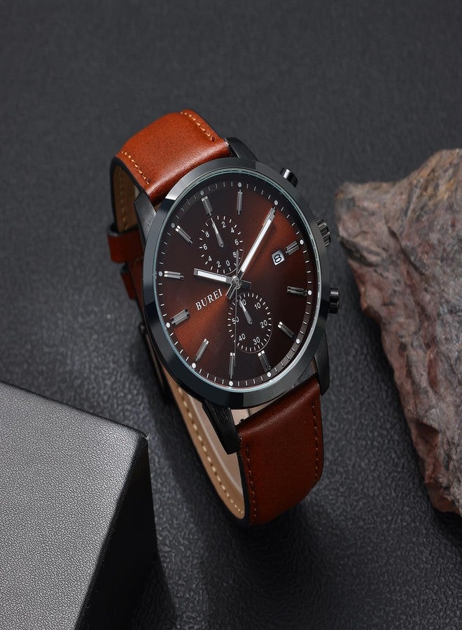 BUREI Men's Brown Leather Classic Wrist Watches Analog Quartz Chronograph Dress Watches for Men relojes para Hombres,Gift for Men, Chocolate Dark Brown - Image 2