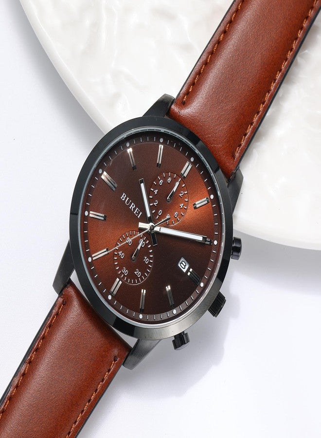 BUREI Men's Brown Leather Classic Wrist Watches Analog Quartz Chronograph Dress Watches for Men relojes para Hombres,Gift for Men, Chocolate Dark Brown - Image 3