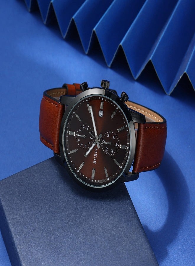 BUREI Men's Brown Leather Classic Wrist Watches Analog Quartz Chronograph Dress Watches for Men relojes para Hombres,Gift for Men, Chocolate Dark Brown - Image 4