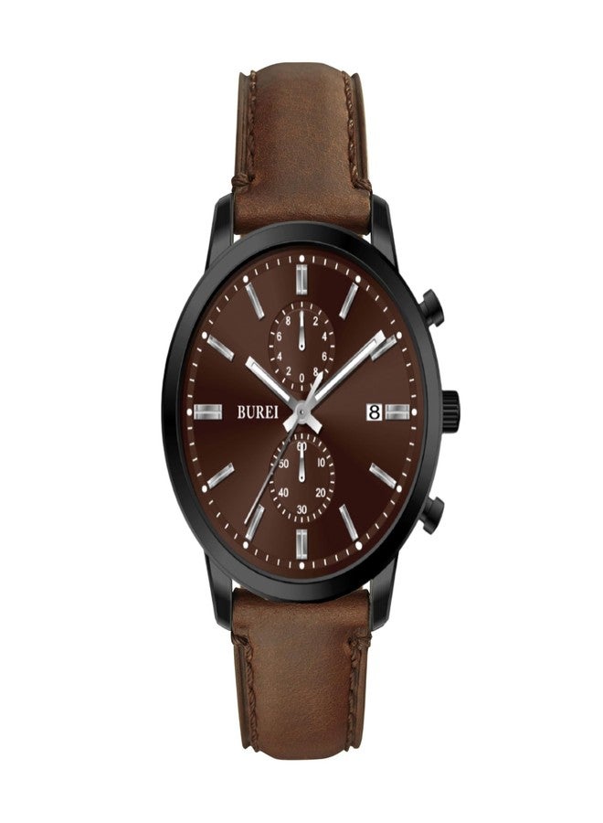 BUREI Men's Brown Leather Classic Wrist Watches Analog Quartz Chronograph Dress Watches for Men relojes para Hombres,Gift for Men, Chocolate Dark Brown - Image 1