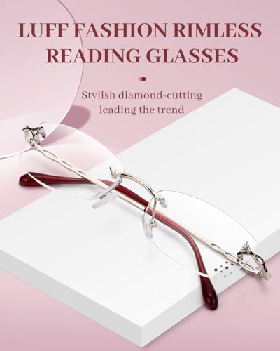 LUFF Rimless Reading Glasses for Women, Fashion Diamond Cutting Frameless Glasses,Stylish Ultra-light Metal Frameless Reader(1.0X) - Image 2