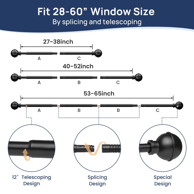 ENJOYBASICS No Drill Curtain Rods for Window 28 to 60 Inches, 5/8 Inch Diameter Renter Friendly Drapery Rod with Adhesive Brackets without Drilling, Adjustable from 27 to 65 Inches, Black - Image 3
