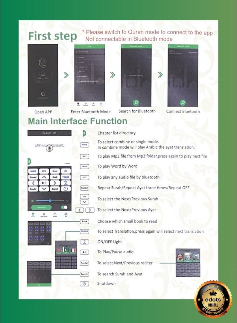 Edots Bluetooth Quran Speaker | 1 Year Warranty | App Control, Night Light, 8GB Memory & USB Connection | White - Image 4