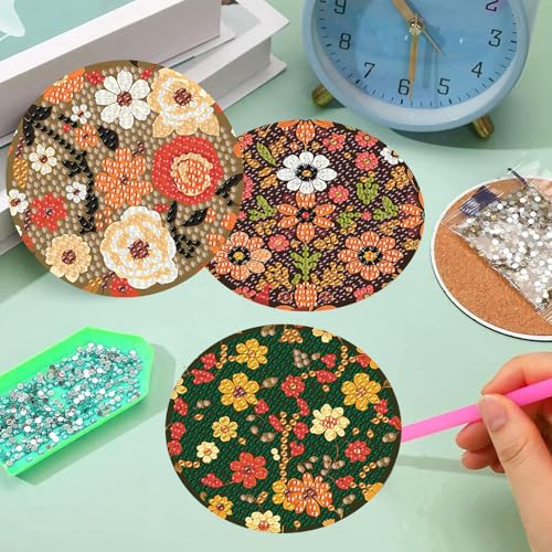 Meothan 8 Pcs Flowers Diamond Art Coasters Kits for Adults with Holder Cork Pads, Floral Diamond Dots Art Painting Coasters Crafts Kit for Home Office Decor (4x4in) - Image 5