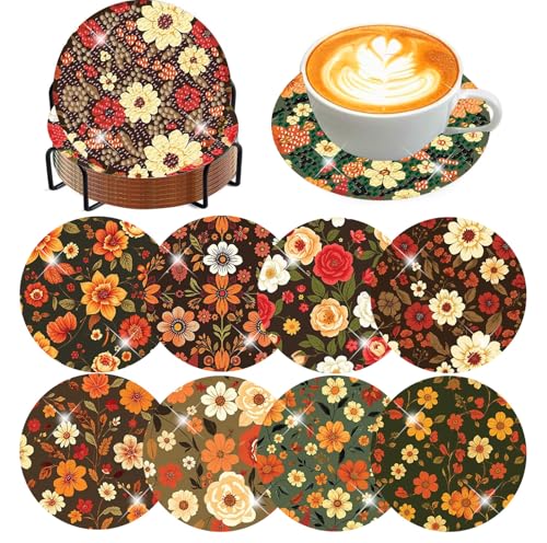 Meothan 8 Pcs Flowers Diamond Art Coasters Kits for Adults with Holder Cork Pads, Floral Diamond Dots Art Painting Coasters Crafts Kit for Home Office Decor (4x4in) - Image 1