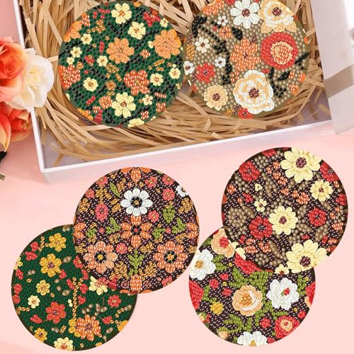 Meothan 8 Pcs Flowers Diamond Art Coasters Kits for Adults with Holder Cork Pads, Floral Diamond Dots Art Painting Coasters Crafts Kit for Home Office Decor (4x4in) - Image 4