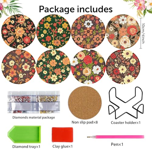 Meothan 8 Pcs Flowers Diamond Art Coasters Kits for Adults with Holder Cork Pads, Floral Diamond Dots Art Painting Coasters Crafts Kit for Home Office Decor (4x4in) - Image 3