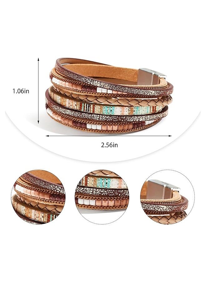 YJ Women's Leather Wrap Bracelet, Bohemian Leopard Print Multi-Layer Crystal Beaded Cuff Jewelry - Image 2