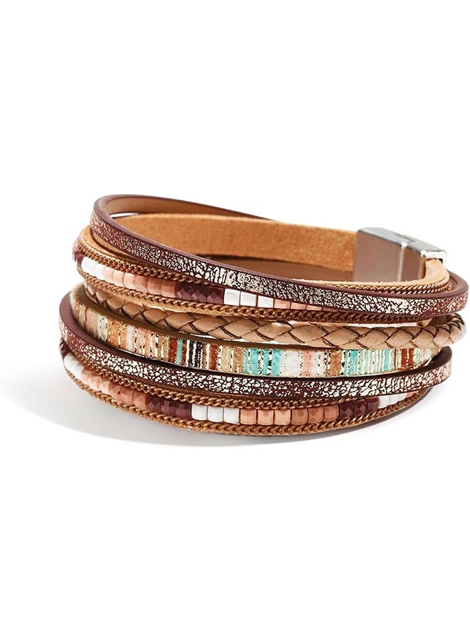 YJ Women's Leather Wrap Bracelet, Bohemian Leopard Print Multi-Layer Crystal Beaded Cuff Jewelry - Image 1