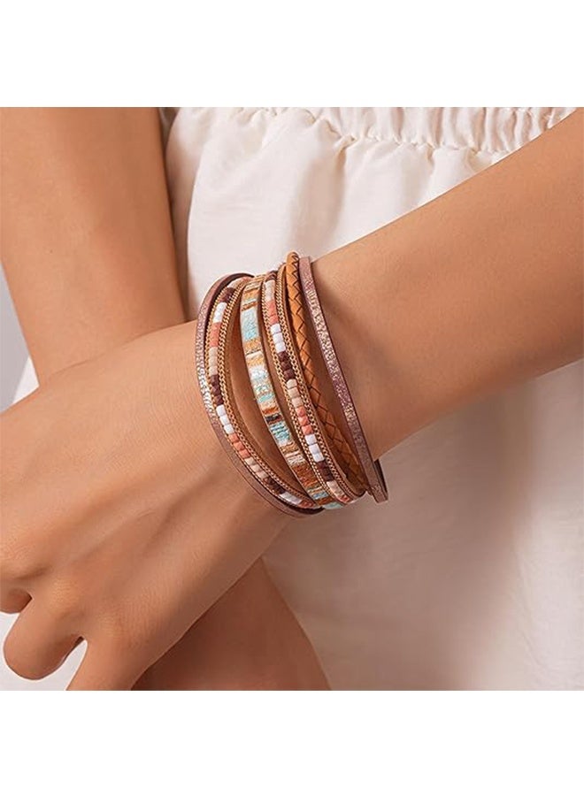 YJ Women's Leather Wrap Bracelet, Bohemian Leopard Print Multi-Layer Crystal Beaded Cuff Jewelry - Image 4