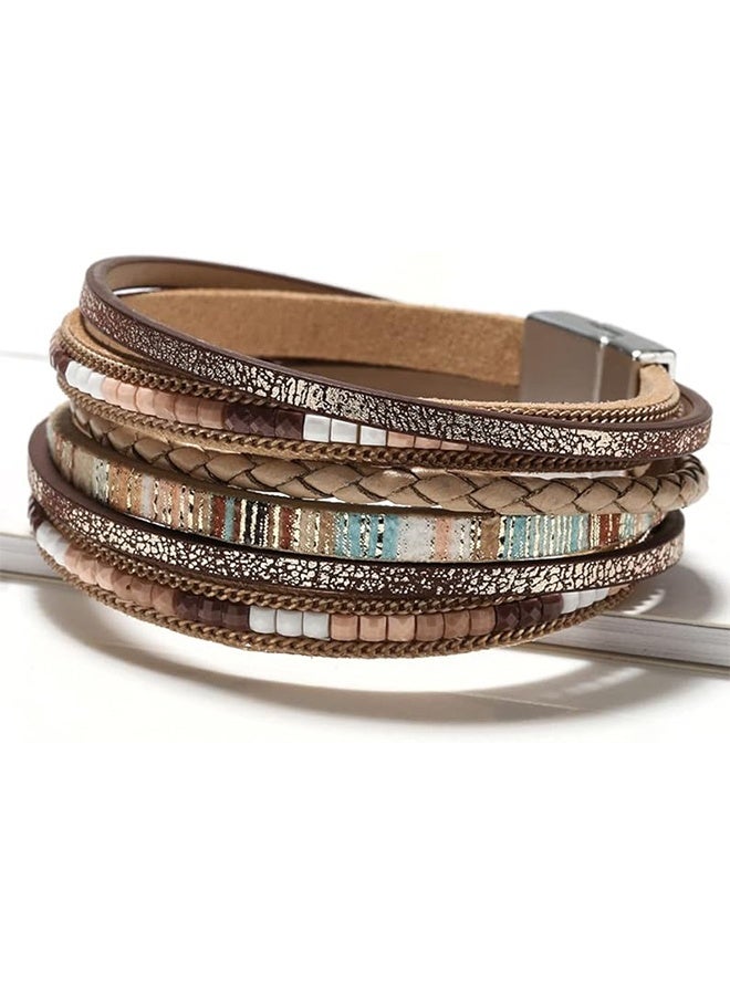 YJ Women's Leather Wrap Bracelet, Bohemian Leopard Print Multi-Layer Crystal Beaded Cuff Jewelry - Image 5