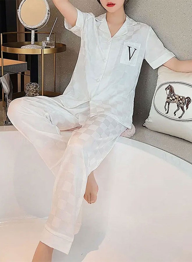 MARGOUN Pajama XL Women Pajamas Houndstooth Ice Silk Homewear Sleep Suit Nightwear Short Sleeve Sleepwear White - Image 1