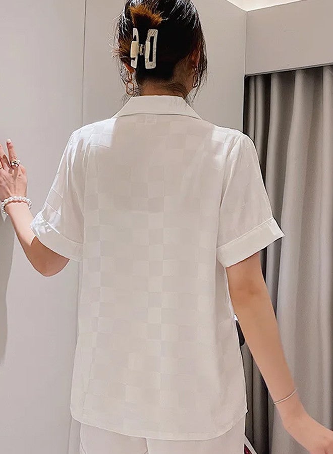 MARGOUN Pajama XL Women Pajamas Houndstooth Ice Silk Homewear Sleep Suit Nightwear Short Sleeve Sleepwear White - Image 3