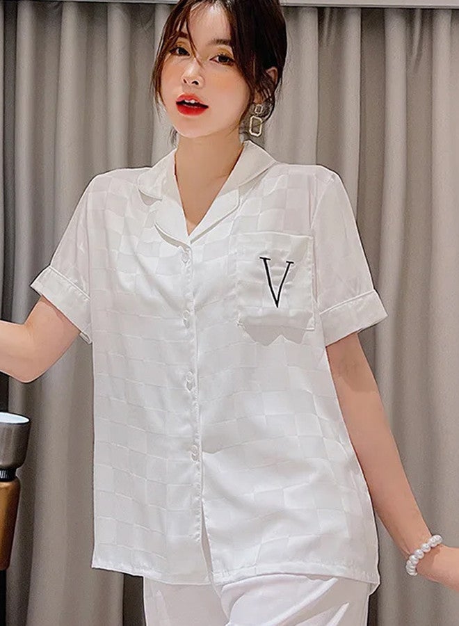 MARGOUN Pajama XL Women Pajamas Houndstooth Ice Silk Homewear Sleep Suit Nightwear Short Sleeve Sleepwear White - Image 2