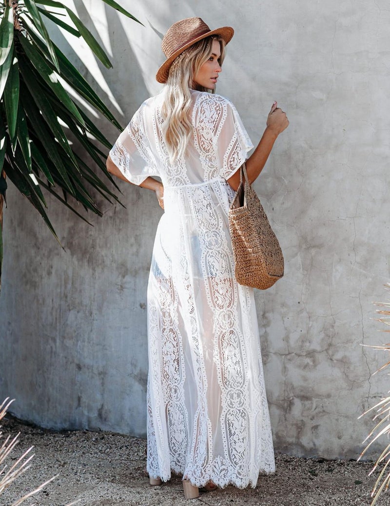 Maybuy Women's Long Lace Kimono Cover Ups with Belt Lightweight Summer Cardigan Dusters Sheer Boho Beach Maxi Medium White - Image 5