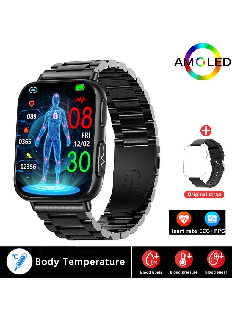 AROAQ Accurate Measure Blood Sugar Smart Watch Men ECG+PPG Heart Rate Blood Oxygen Health Smartwatch Women Sport Watches( Steel Strap With 1Extra Strap ) - Image 1