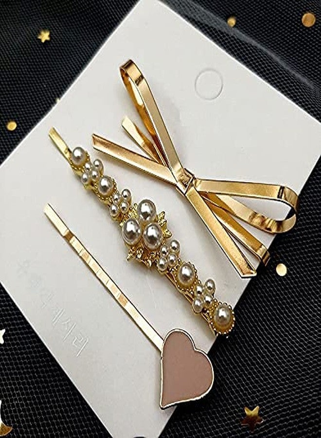 SQUICKLE 3Pcs Golden Metal & Beautiful Heart Shape Hair pin/Elegant Pearl Hair Pins For Women & Girls/Metal Hair Pins - Image 1