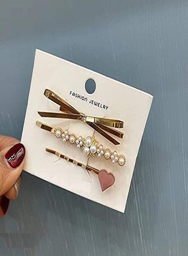 SQUICKLE 3Pcs Golden Metal & Beautiful Heart Shape Hair pin/Elegant Pearl Hair Pins For Women & Girls/Metal Hair Pins - Image 2
