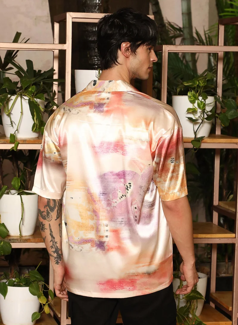 Campus Sutra Campus Sutra Men's Orange & Purple Abstract Sheen Oversized Shirt For Casual Wear | Cuban Collar | Short Sleeve | Button Closure | Oversized Shirt Crafted With Comfort Fit For Everyday Wear