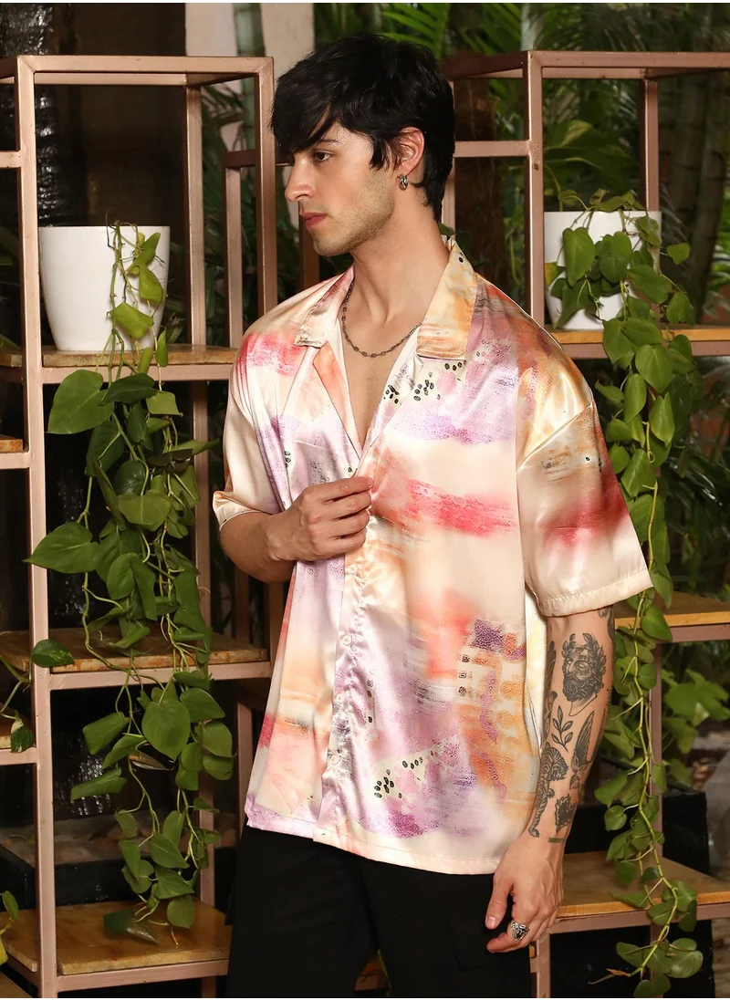 كامبوس سوترا Campus Sutra Men's Orange & Purple Abstract Sheen Oversized Shirt For Casual Wear | Cuban Collar | Short Sleeve | Button Closure | Oversized Shirt Crafted With Comfort Fit For Everyday Wear