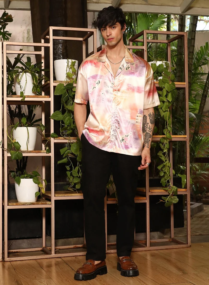 Campus Sutra Campus Sutra Men's Orange & Purple Abstract Sheen Oversized Shirt For Casual Wear | Cuban Collar | Short Sleeve | Button Closure | Oversized Shirt Crafted With Comfort Fit For Everyday Wear