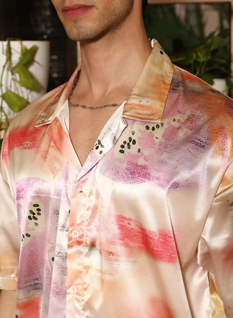Campus Sutra Campus Sutra Men's Orange & Purple Abstract Sheen Oversized Shirt For Casual Wear | Cuban Collar | Short Sleeve | Button Closure | Oversized Shirt Crafted With Comfort Fit For Everyday Wear