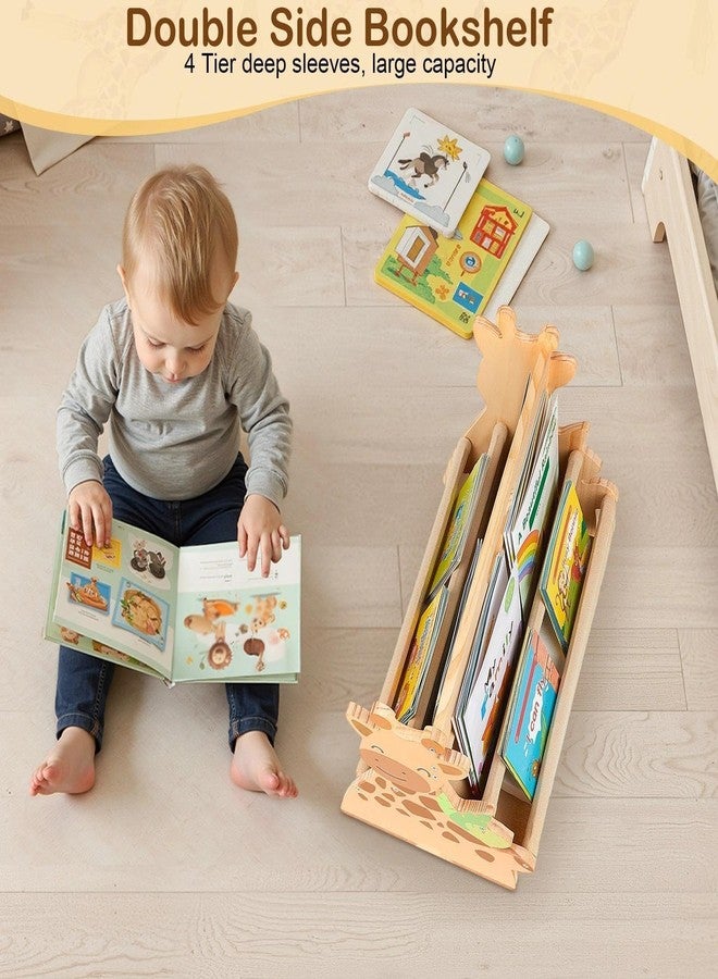 SheSeek Toddler Bookshelf Double-Sided with 4 Tier Deep Sleeves Kids Wooden Montessori Book Rack for Baby Nursery Room, Playroom, Classroom or Bedroom Bookcase Storage Organizer, Light Wood Giraffe - Image 3