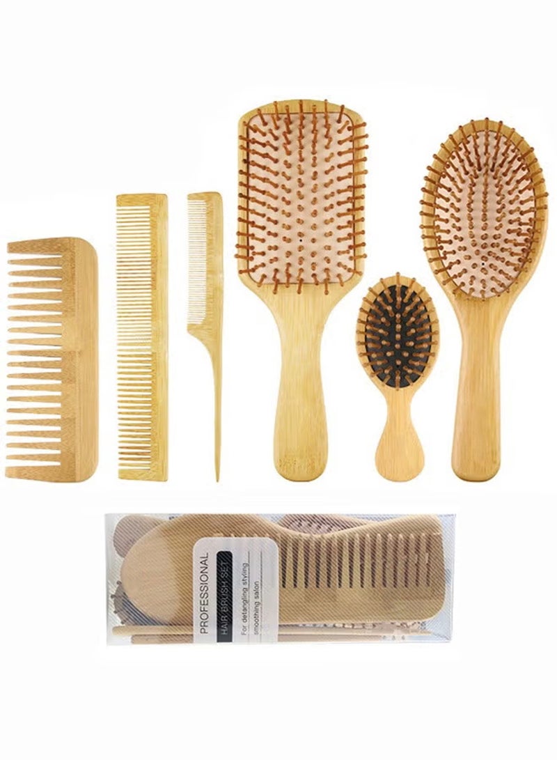 6PCS Natural Bamboo Comb Set Wooden Massage Hair Brush, Bamboo Comb Paddle Detangling Hairbrush, Wide-Tooth and Tail Comb No Bristle, Suit for Women Men and Kids Thick/Thin/Curly/Dry Hair - Image 1
