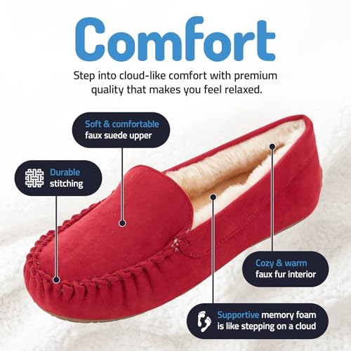 Floopi Women Slippers Moccasins, Soft Faux Fur Lining with Cozy Memory Foam, Ladies House Slippers for Women with Indoor & Outdoor Anti-Skid Sole(9, Red-323) - Image 2