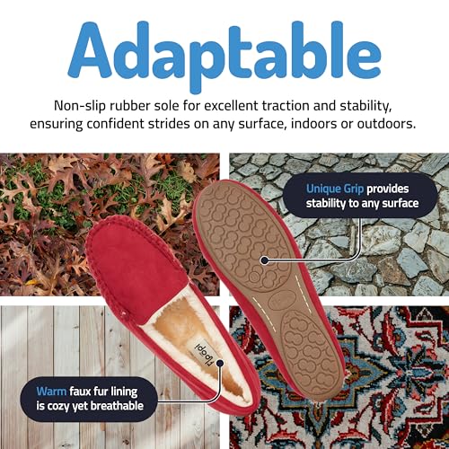Floopi Women Slippers Moccasins, Soft Faux Fur Lining with Cozy Memory Foam, Ladies House Slippers for Women with Indoor & Outdoor Anti-Skid Sole(9, Red-323) - Image 3