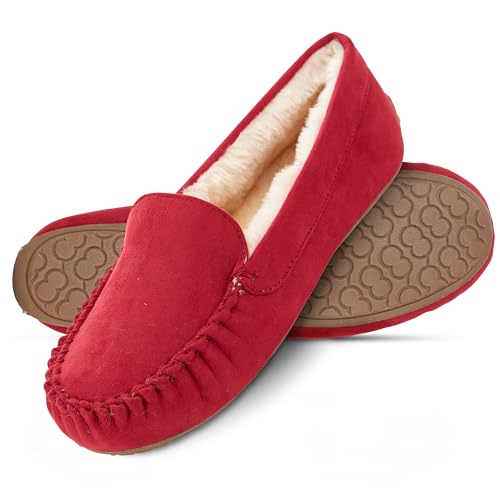 Floopi Women Slippers Moccasins, Soft Faux Fur Lining with Cozy Memory Foam, Ladies House Slippers for Women with Indoor & Outdoor Anti-Skid Sole(9, Red-323) - Image 1