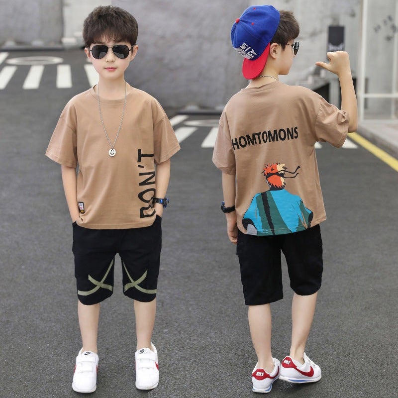 Boys Cartoon Cotton T-Shirt Shorts Set Summer 2024 [Huo Ying Khaki] T-shirt + shorts 