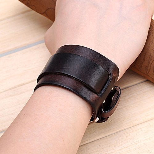 Zysta Punk Unisex Genuine Leather Wide Belt Wristband Bangle Cuff Bracelet 7"-8.5" Fashion Simple Black Brown - Image 4