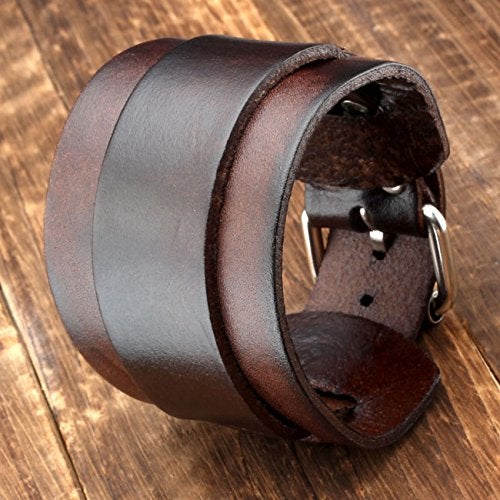 Zysta Punk Unisex Genuine Leather Wide Belt Wristband Bangle Cuff Bracelet 7"-8.5" Fashion Simple Black Brown - Image 3