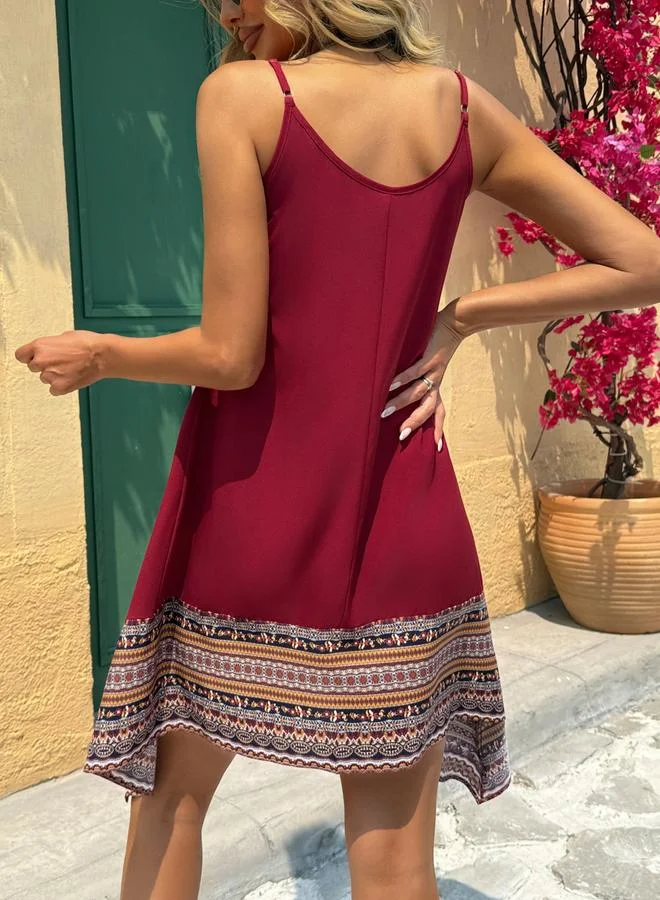 Take Two Women Burgundy Printed Hem Strappy Knee-Length Dress