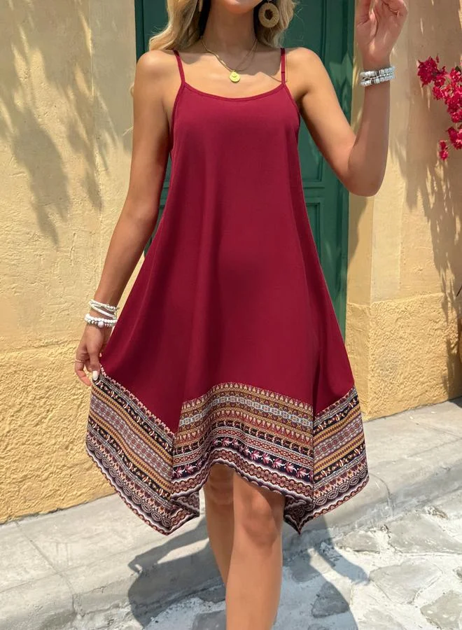 Take Two Women Burgundy Printed Hem Strappy Knee-Length Dress