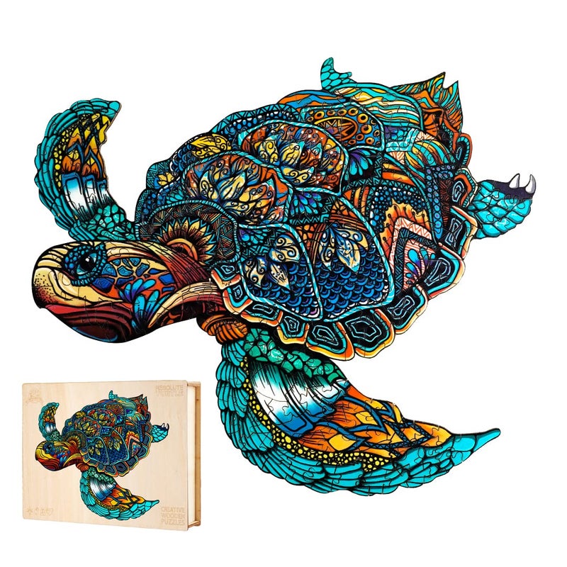 Jigfoxy Wooden Puzzles for Adults, Sea Turtle Wooden Jigsaw Puzzles for Adults Kids, Unique Animal Shape Wood Cut Puzzles, Christmas Thanksgiving Gifts for Family Turtle Lover (S-9.1 * 7.7in-100pcs) - Image 1